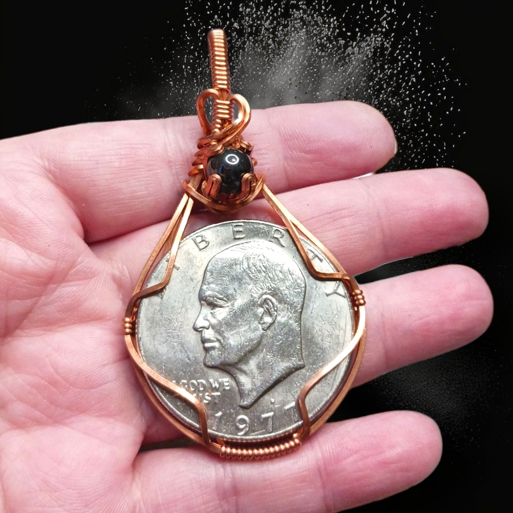 Artisan Copper Wire Wrap Pendant 1977 Eisenhower Dollar Coin w/ Hematite Accent